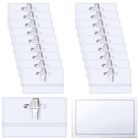 Mellystore Porte Badge Nominatif 50pcs Badges, 9x5.6cm Transparent avec Clip et Épingle de Sécurité, Porte-Badges Plastique Horizontal à Pince Étanche pour Bureau École Conférence