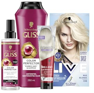 Schwarzkopf LIVE Aufheller Max Blonde 00B (142ml) Blondierung PROFI-SET mit Gliss Shampoo (250ml) & Express-Repair-Spülung (200ml) Colour Perfector & Brillance Glanz-Behandlung Kühles Blond (150ml)