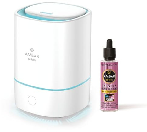 TIENDIFY - Humidificador de Esencia y Difusor de Aroma con Luz LED Ambar Perfums + Esencia 50 ml. a Elegir - Aromaterapia - Ideal para Hogar, Oficina y Dormitorio (Cerezo EN Flor)