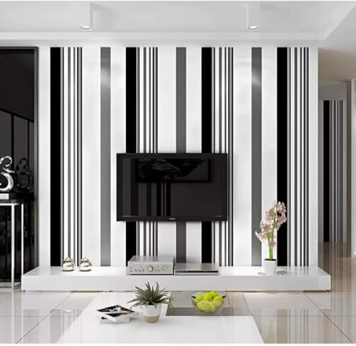 DMRLBYMC Papier peint intissé Auto-adhésif Rayures verticales modernes Peel and Stick Film Autocollant Meuble Décoratif pour Salon Chambre à Coucher de Cuisine 0,53 m x 3 m = 1.59 m²(Noir et blanc)