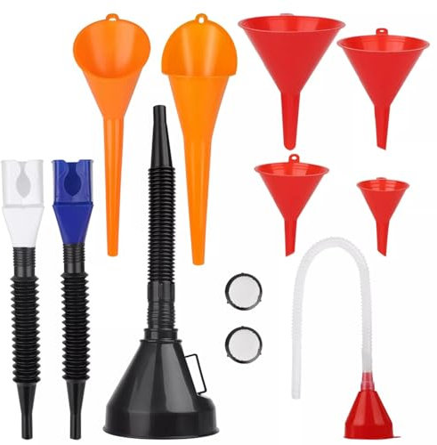 Jyvlucient 11Pcs Funnel for Car Automotive Set Fuel Funnels Wide Mouth Fuel Funnels Flexible with Detachable Spout and Filter Snap Funnel for Water/Gasoline/Coolant/Engine Oil