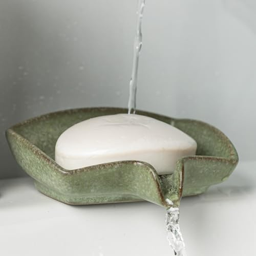 Self Draining Soap Dish, Ceramic Drain Soap Holder Waterfall Design Soap Saver for Shower, Bathroom, Sink, Kitchen and Countertop, Keeps Dry, Green