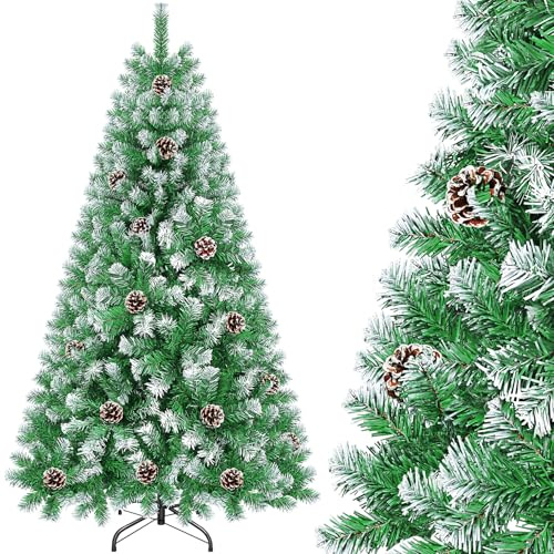 Albero di Natale Innevato Artificiale 180 cm 800 Rami con Pigne Folto e Realistico, Alberi di Natale Artificiali in PVC con Base, Abete di Natale Facile da Montare per Decorazioni Casa Natalizie Verde