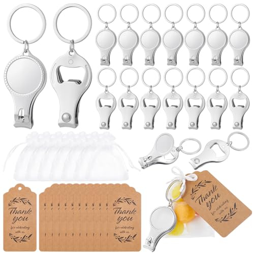 INTERWARM 60 Ensemble de Porte Clés Coupe Ongles,Coupe Ongles | 3 en 1 décapsuleur Porte Clés avec étiquettes de Remerciement en Papier, Sachets Gaze Perlée, Outil Manucure pour Cadeau Fête