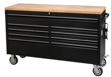 61 Inch Large Tool Chest with Lock - Tool Chest Workbench with 9 Drawers and 4 Wheels,Steel Storage Cabinet for Garage, Workshop, Warehouse Repair,Black