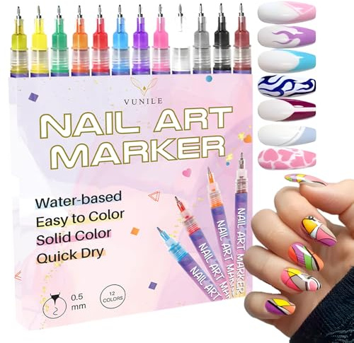 2026 New 12 Colors Nail Art Marker Pens Sets, 0.5mm Fine Tip Gel Nail Polish Pens, 3D Nail Art Set for Artistic Decorations & Manicure, Quick-drying Graffiti Dotting Point Liner Pens
