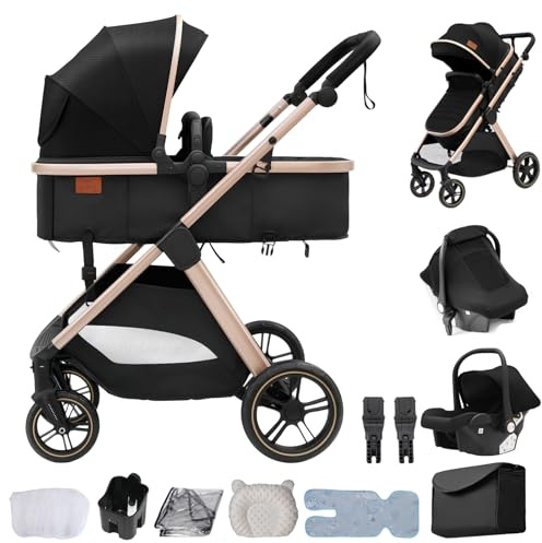 Oubeauou Sistema de viaje, desde recién nacido hasta niño pequeño, todo terreno, plegable con una sola mano, cochecito de bebé de asiento alto, convertible, carrito de bebe 3 en 1