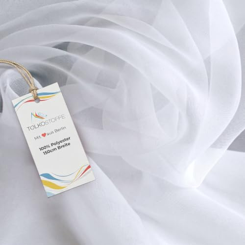 TOLKO Chiffon Stoff Meterware für Rock Bluse Tücher | Halb transparent knitterarm weich fallend | leicht wie Tüll/Voile | Dekostoff für Gardine Vorhang Hochzeit Stoffe zum Nähen Meterware (Weiß)