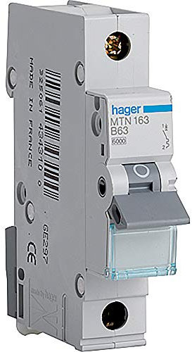Hager MTN163 Miniature Circuit Breaker, 1 Pole, 1 Module, Type B, 6 kA Breaking Capacity, 63 A Current