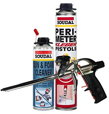 Soudal Kombi Set 1 x Perimeterkleber 750ml Dose + 1 x Soudal PU- Reiniger 500ml Dose + Schaumpistole Professionell