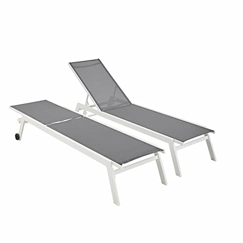 Alice's Garden - Set mit 2 ELSA Sonnenliegen aus weißem Aluminium und grauem Textilene, Liegestühle mit Mehreren Positionen und Rädern