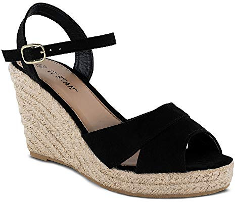 TF STAR Jute-Seil Keilsandalen für Damen, Plateau-Sommerschuhe, Knöchelriemen, Espadrille, Keilabsatz, Sandalen, Schwarz, 40.5 EU