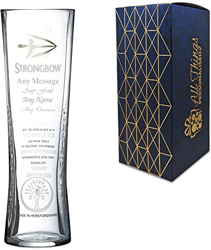 Vaso de pinta Strongbow oficial grabado personalizado, personalice con cualquier mensaje para cualquier ocasión, estilo con una variedad de fuentes, caja de regalo incluida