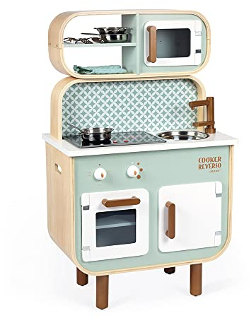 Janod - Cucina Bifacciale Cooker Reverso - Mini Cucina in Legno per Bambini a 2 Lati - Cucina Giocattolo Luminosa e Sonora - con 7 Accessori - da 3 a 8 Anni, J06594