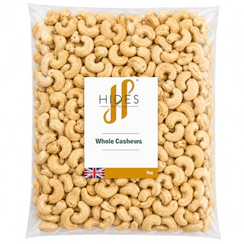 Hides Fine Foods - Whole Cashews 1kg - GMO - Free - Suitable for Vegetarians - Cooking - Salads - Snacking - Desserts - Cakes - Cookies - Breakfast - Granola