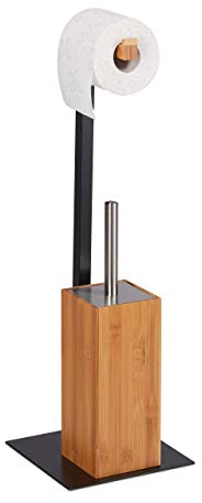 Relaxdays Set da Bagno, Porta-Scopino con Portarotoli, Bambù e Metallo, Piantana, HxLxP: 60 x 20 x 20 cm, Naturale/Nero