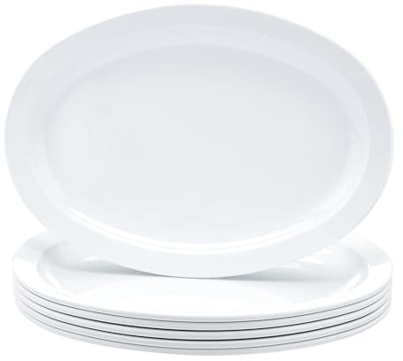 Amazon Basics Melamine Oval Platter Serving Tray, Dishwasher Safe, Narrow Rim, 13 in x 9.75 in, White, 6-Piece Set