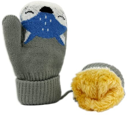 BEISIJIA Warme gestrickte Fäustlinge für Kleinkinder, niedliche Cartoon-Handschuhe, Winter-Fäustlinge mit Schnur, zum Aufhängen, für 1–4 Jahre Kinder, Grey, One Size