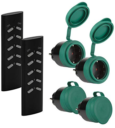 SEC 24 Funksteckdosenset Aussen,4 Programmierbare Steckdosen mit 2 Fernbedienung, Schaltbare Funkschalt Set Outdoor,3680W,Spritzwassergeschützt für Hausgerate Außenbereich