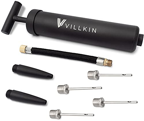 Villkin Ballpumpe mit Nadelfach – Inkl 4X Metallnadeln, 2X Kunststoffnadeln, 1x Flexibler Schlauch – Fußball, Basketball, Handball schnell aufpumpen