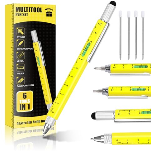 Regalos únicos de bolígrafo multiherramienta para hombres, rellenos de medias para hombres, papá, gadgets geniales para marido, él, herramienta de construcción de carpinteros, regalo (amarillo)