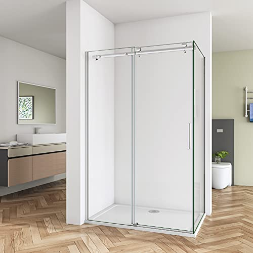 Biubiubath 1200mm Frameless Sliding Shower Enclosure Door 1950 Glass 700mm Side Panel Screen Cubicle and 1200x700mm Tray