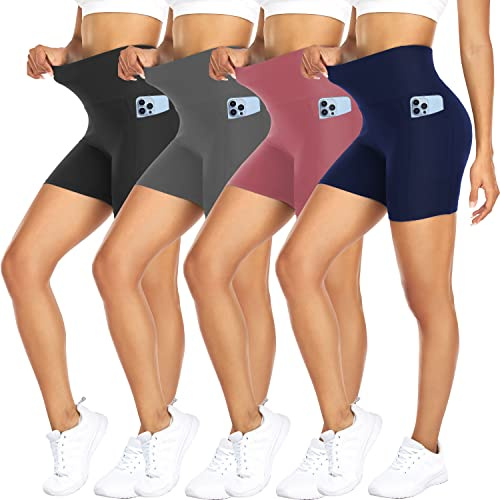 FULLSOFT 4 Pack Biker Shorts for Women – 5 High Waist Tummy Control Workout Yoga Running Compression Exercise Shorts with Pockets(4 Pack Black/Navy Blue/Grey/Pink,Large-X-Large)