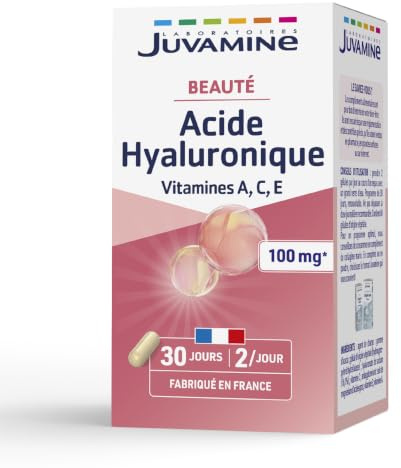 JUVAMINE Acide Hyaluronique 100mg + Vitamines A,C,E - Antioxydant - 60 Gel | Soutient de l'Eclat, de la Fermeté et de l'Elasticité de la Peau, Action Anti-âge, Assimilation Optimisé, Fabriqué en France