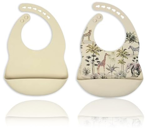 BabyPops Alimentacion de bebé: Set 2 Baberos (Estampado y Liso). (Crema-Selva). Dos Baberos de silicona con bolsillo atrapa comida ajustable/regulable. Libre de BPA. Niña/Niño