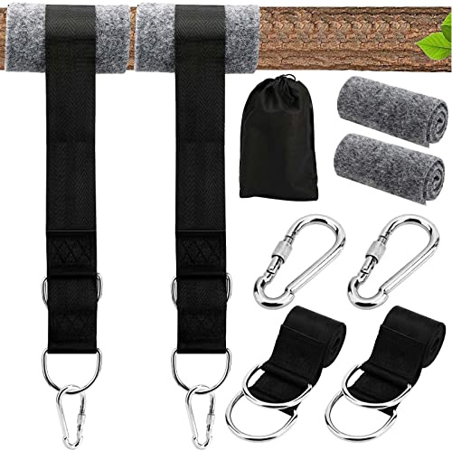 Mkitnvy Sangle Hamac, 2 x 150 cm Sangle Balancoire Arbre avec Mousquetons et Anneaux en D, 2 Protection d'arbre, Fixation Hamac Attache pour Camping Balancoire de Jardin Hamac, Max 550kg