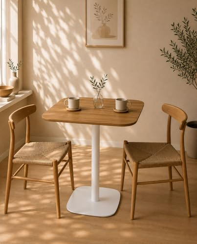 KAYELLES Table bistrot de Cuisine, Table d'appoint, Hauteur 75 cm Plateau 60 x 60 cm, 1 à 2 Personnes Pied Fixe métal SILA (Blanc & Bois)