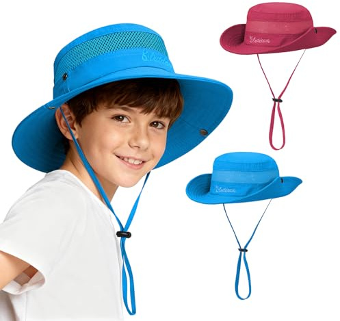 Durio 2-Pack Kids Sun Hat - UPF 50+ Wide Brim Sun Protection Bucket Hat for Boys Girls, Breathable Adjustable Outdoor Hats Sky Blue & Rose Red 5-13 Years
