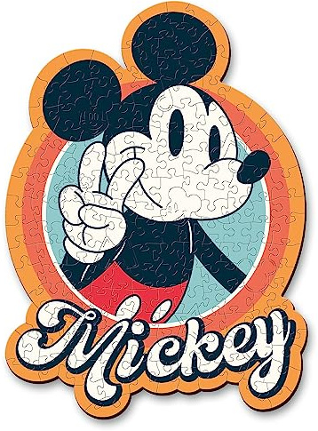 Trefl – Figurskuret Träpussel: Disney, Retro Musse Pigg – 160 Bitar, Wood Craft, Oregelbundna pusselbitar, 10 Figurer, Trendigt Pussel Premium, för Vuxna och Barn från 9 År