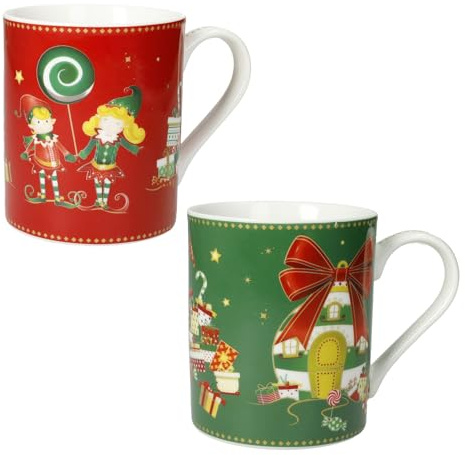 BRANDANI Set 2 Tazze Mug Elfomagia 8x9,5cm Porcellana Tavola di Natale