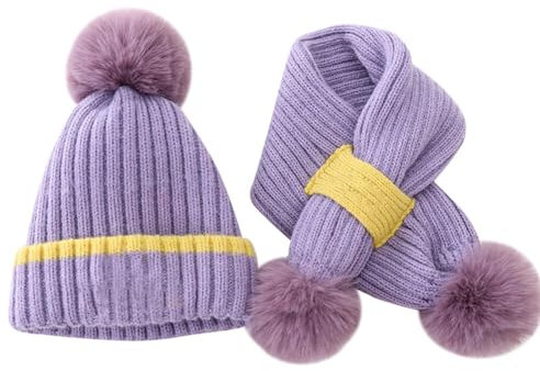 Asudaro Kinder Mütze Schal, Bommel Mütze Strickmütze Halswärmer Set 2 In 1 Kinder Gestrickte Wintermütze Schal Strickmütze Babymütze Kinder Mütze Set Für 2-8 Jahre Jungen Und Mädchen Lila