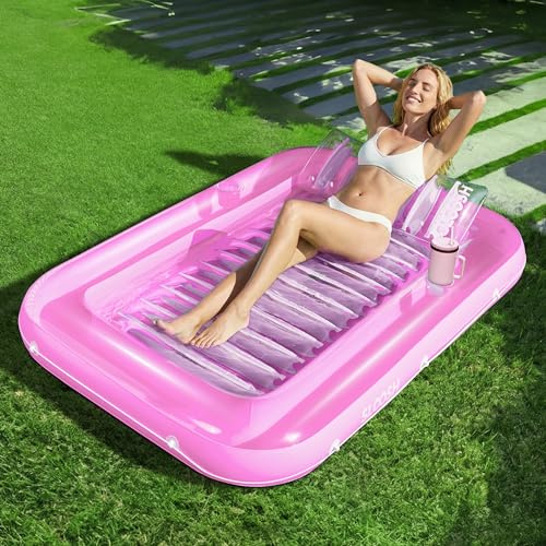SLOOSH Tanning Pool Sdraio gonfiabile per piscina, con cuscino, 4 in 1, vasca abbronzante, lettino prendisole-L-Rosa Bianco