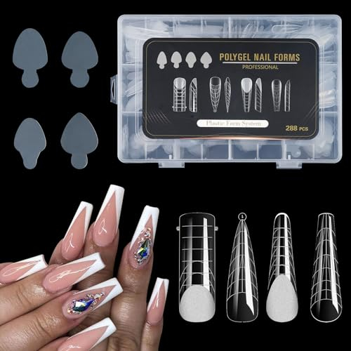 U-Shinein French Nail Form Sticker Nail Shapes Set, 4 Types French Style Nail Sticker 4 Types Dual-Ended Nail Extension Shape, Quick Assembly Nail Stamp Forms for French Nail Design, 288Pcs, 03