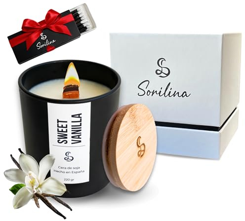 SORILINA Vela Aromática de Vainilla, Vela de Soja Natural con Mecha de Madera - Vela Perfumada Grande con Tapa y Caja para Regalo, Vela Decorativa - Larga Duración 220gr 55h - Hecho a Mano en España