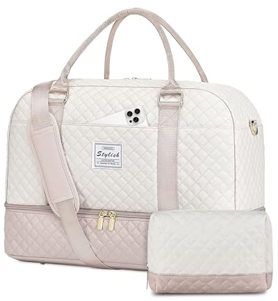 Travel Duffle Bag Weekender for Women: Travel Duffel Bag Carry-On Overnight Bag with Shoe Compartment & Wet Pocket Large Weekend Tote Bag with Gym Duffel Bag for Hospital Beige
