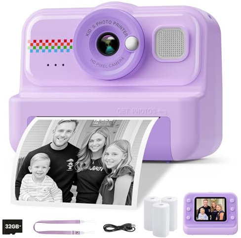 HiMont Appareil Photo Instantané Enfants, 1080P Appareil Photo Numérique Enfant & Caméra Vidéo avec Carte de 32GB & 3 Rouleaux de Papier d'impression, Cadeaux pour Garçons & Filles de 3 à 12 Ans