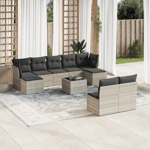 Homgoday 10-TLG. Garten-Sofagarnitur mit Kissen Gartensofa Balkonmöbel Gartenlounge Gartenmöbel Sofa Lounge Balkonsofa Balkon Lounge Sitzgruppe Gartenset Hellgrau Poly Rattan