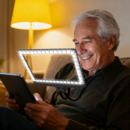NZQXJXZ Hands Free Magnifying Glass with Light, 5X Large Magnifiers Glass for Reading, 43 LEDs Lighted Magnifying Glass, Large Full Page Magnifying Glass for Seniors Low Vision Close Work