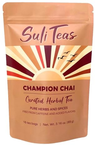 Suli Teas Champion Chai Curated Herbal Tea - Caffeine-Free Chai Tea with Pure Herbs & Spices, 16 Biodegradable Bags - Organic Herbal Tea with No Added Flavors - Enjoy Morning or Night with Clean, Cozy Flavor