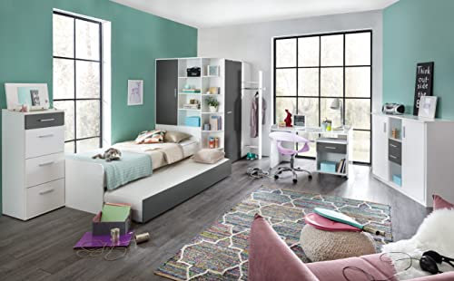 Jugendzimmer Set Joker in Weiß und Anthrazit mit Bett mit Auszugsliege, Schreibtisch, Kleiderschrank und Regal wahlweise Kaltschaummatratze und Lattenrost (8 teilig)