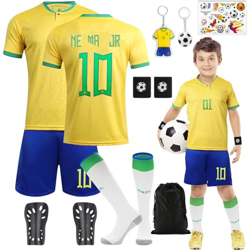 Ainvliya Ensemble de Maillot de football pour Enfants, N° 7/N° 10 Maillot de Football Garçons Survêtement T-shirt Short Chaussettes Protège-Genoux Porte-clés Tatouages Temporaires Maillot de Football
