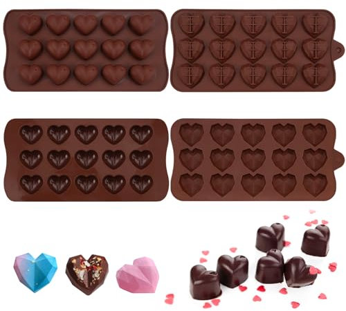 4 Piezas Moldes de Marrón Chocolate con Forma de Corazón,15 Cavidades Moldes De Goma Para Chocolate,Moldes de Chocolate con Forma Corazón de Diamante,para Hacer Chocolate y Dulces (20x10.3cm/8x4.1in)
