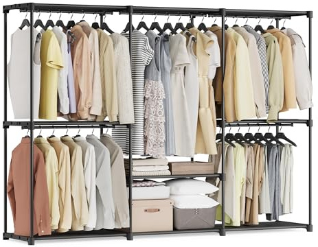 SONGMICS Armario de Ropa, Perchero, Burro Ropa, 205 x 43 x 166 cm, 5 Secciones para Colgar, con Compartimentos, Gran Capacidad, para Dormitorio, Salón, Lavandería, Negro Tinta RYG035B01