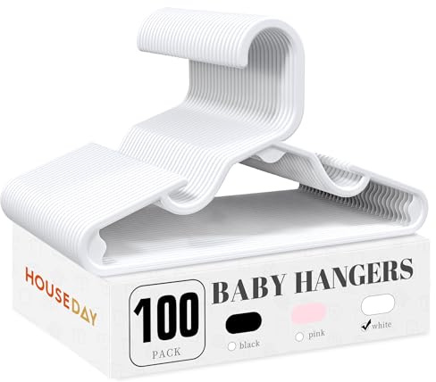 HOUSE DAY Baby Hangers 100 Pack - Durable Plastic Infant & Kids Clothes Hangers, Thin Compact Space-Saving Design for Nursery/Children's Closet, Toddler Small Hangers White (Infant/Baby/Toddler/Kids)