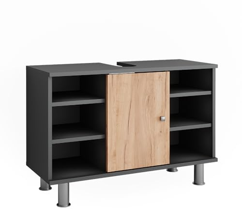 Vicco Waschbeckenunterschrank Fynn, Anthrazit/Goldkraft Eiche, 80 x 54 cm | zur Aufbewahrung im Badezimmer mit Siphonaussparung