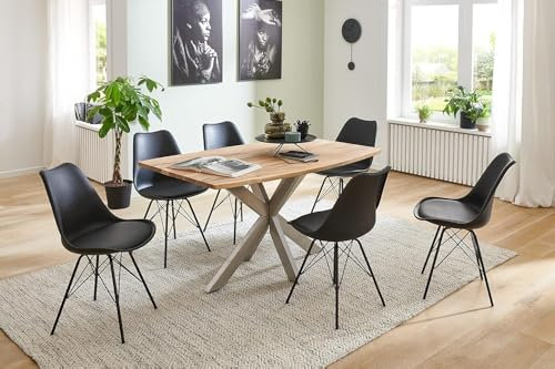 SAM 7 TLG. Essgruppe Kalea | Esstisch 180x90 cm mit echter Baumkante | Akazienholz massiv + Naturfarben | Spider-Gestell Silber | 6X Schalenstuhl Lerche Schwarz